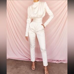 House of CB Gabrielle Ivory Draped Satin Giorgiana Jumpsuit NWT Size S